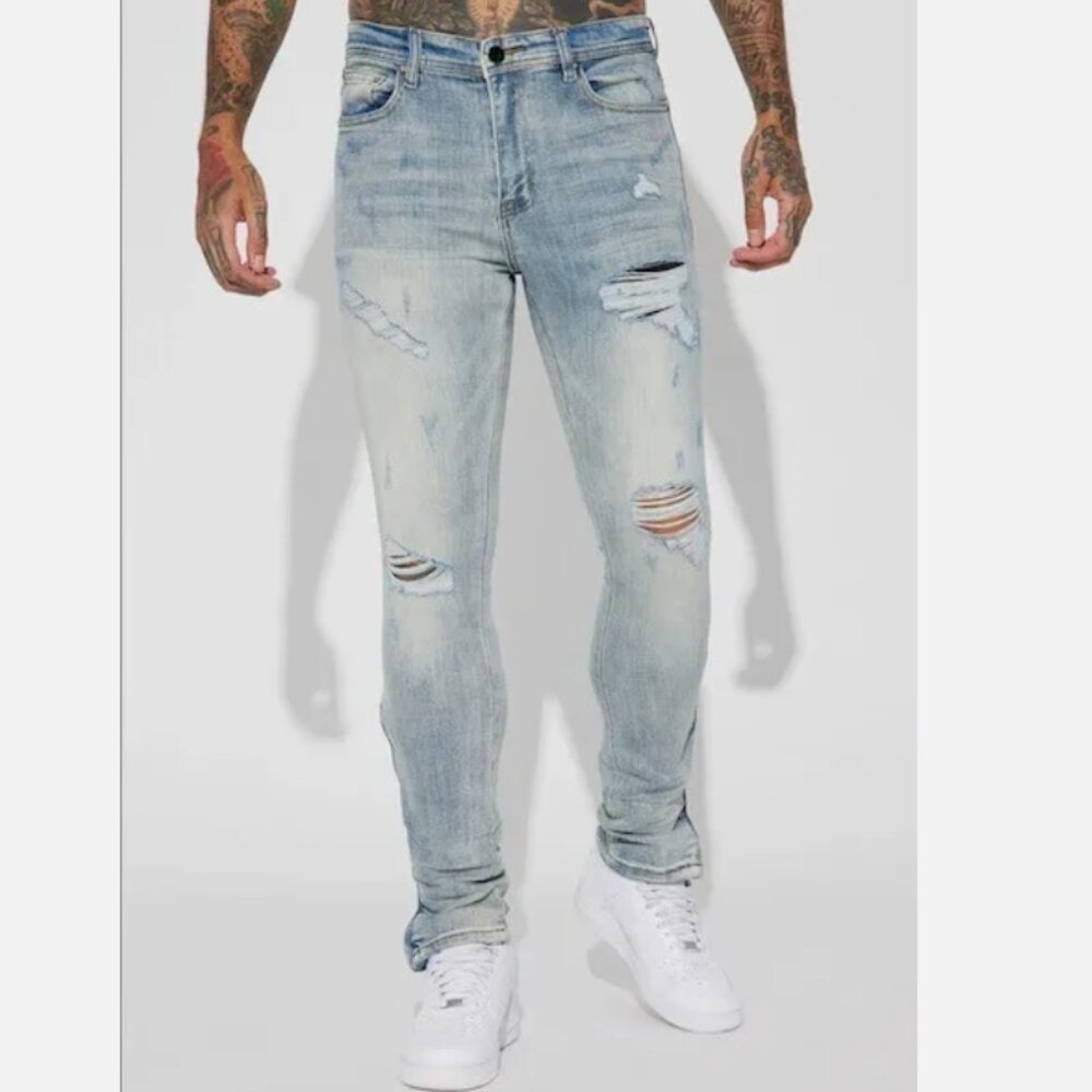 NWT Men's Size 34 Waxed Stacked Skinny Jeans Light Wash Leg Zipper Fashion Nova